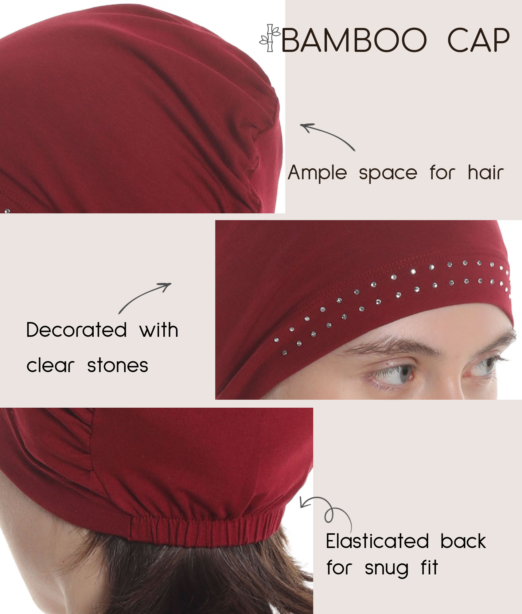 BAMBOO ESSENTIAL JEWELLED CAP Under Hat & Scarf, Sleep Cap