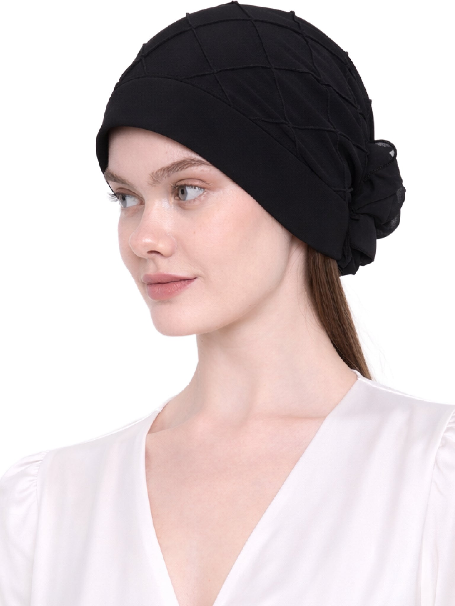 Chemo Hat with Chiffon Flower - Check Pattern Headwear for Hair Loss