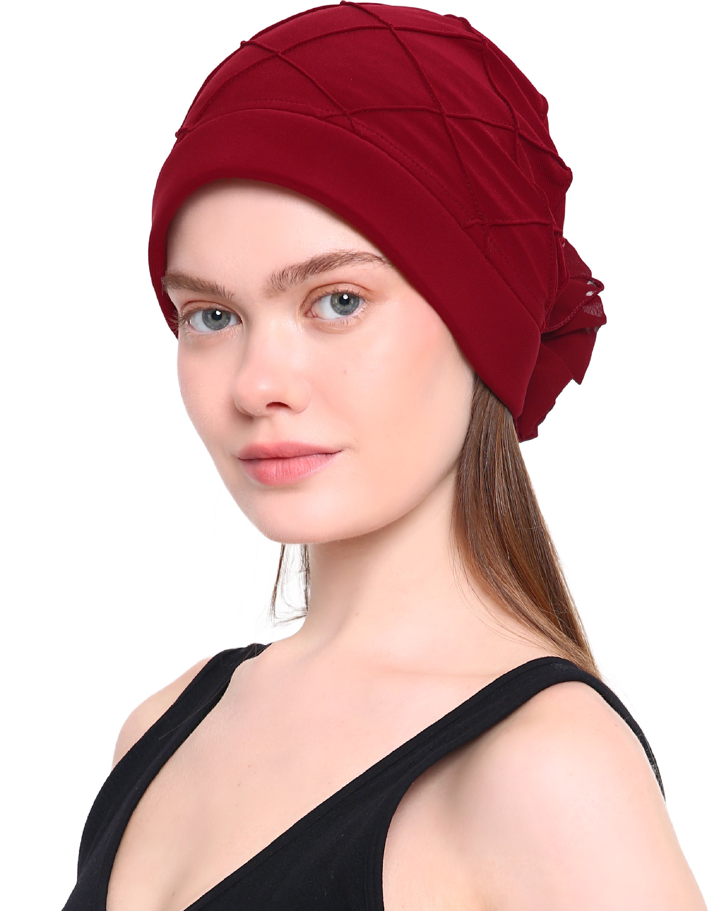 CHECK PATTERN PRACTICAL HAT with Pretty Chiffon Flower Detail