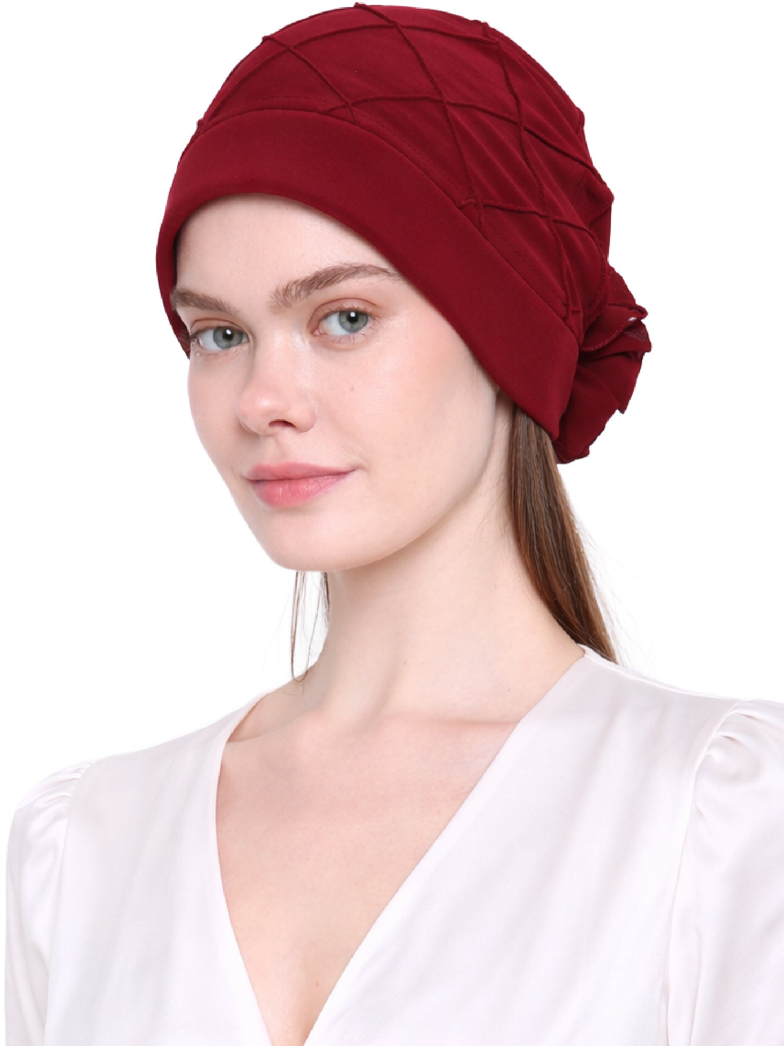 Chemo Hat with Chiffon Flower - Check Pattern Headwear for Hair Loss