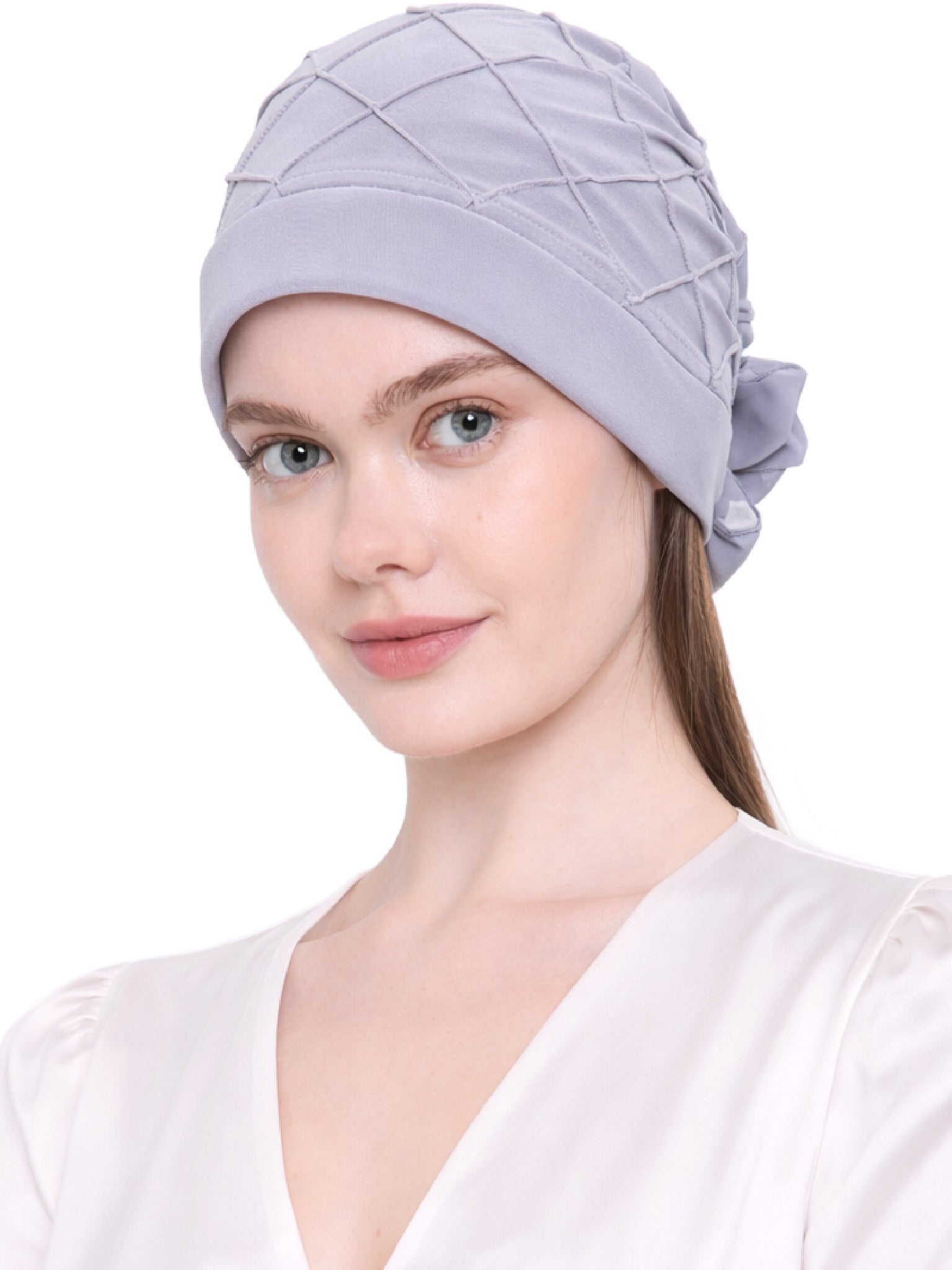 Chemo Hat with Chiffon Flower - Check Pattern Headwear for Hair Loss