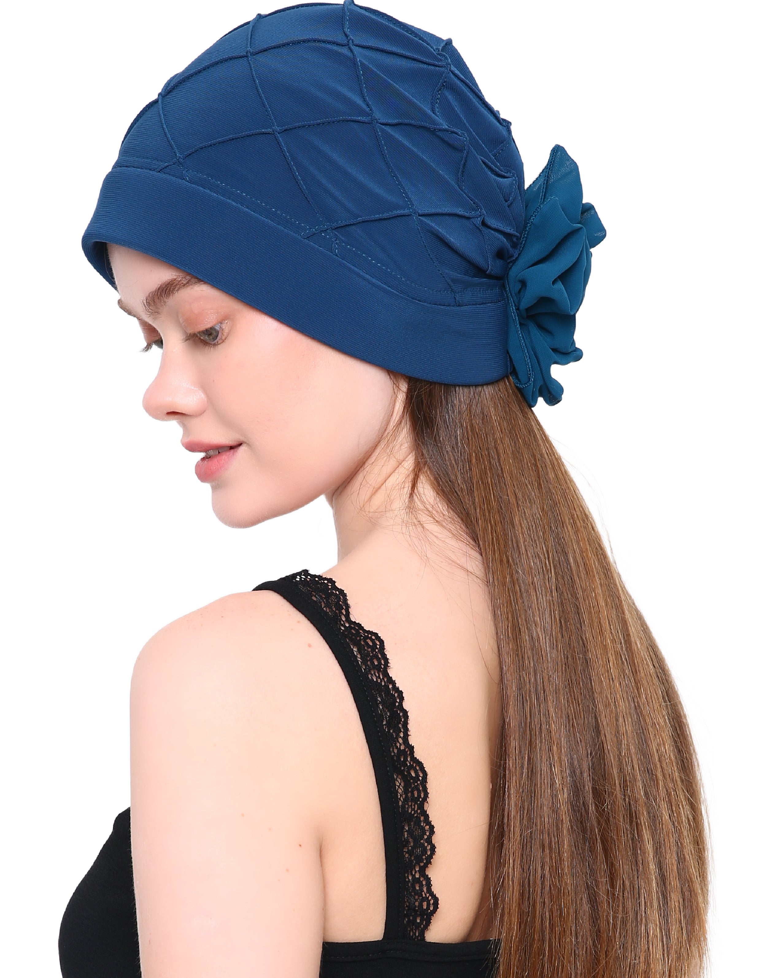 CHECK PATTERN PRACTICAL HAT with Pretty Chiffon Flower Detail