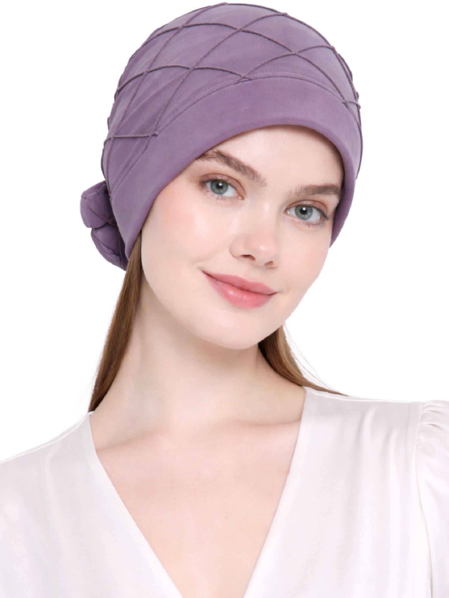 Chemo Hat with Chiffon Flower - Check Pattern Headwear for Hair Loss