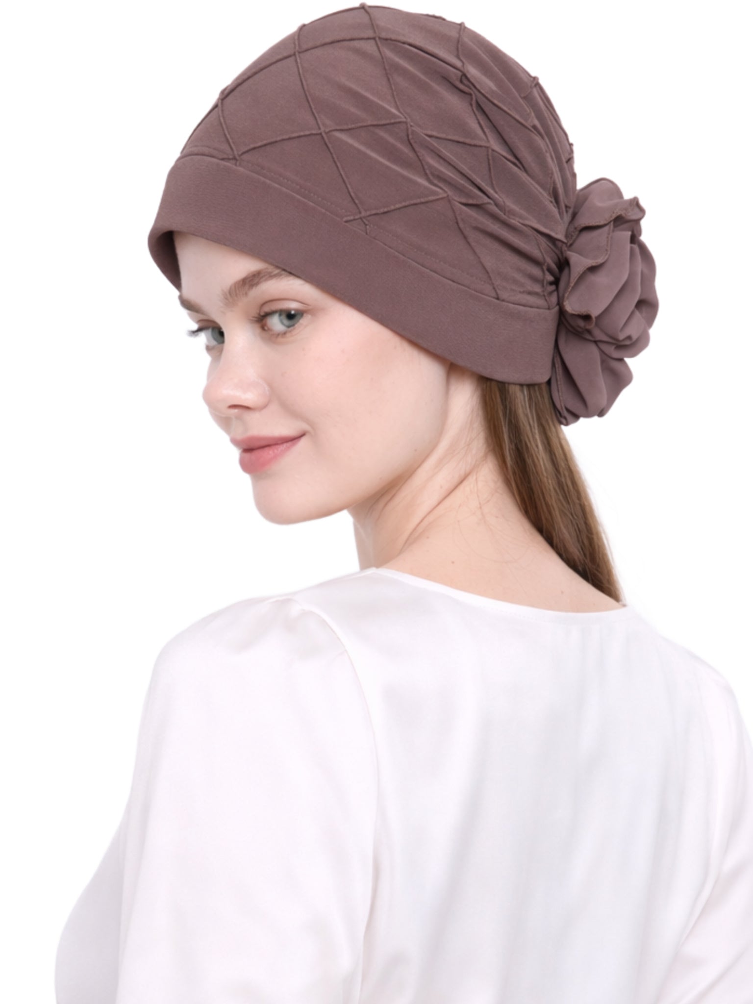 Chemo Hat with Chiffon Flower - Check Pattern Headwear for Hair Loss