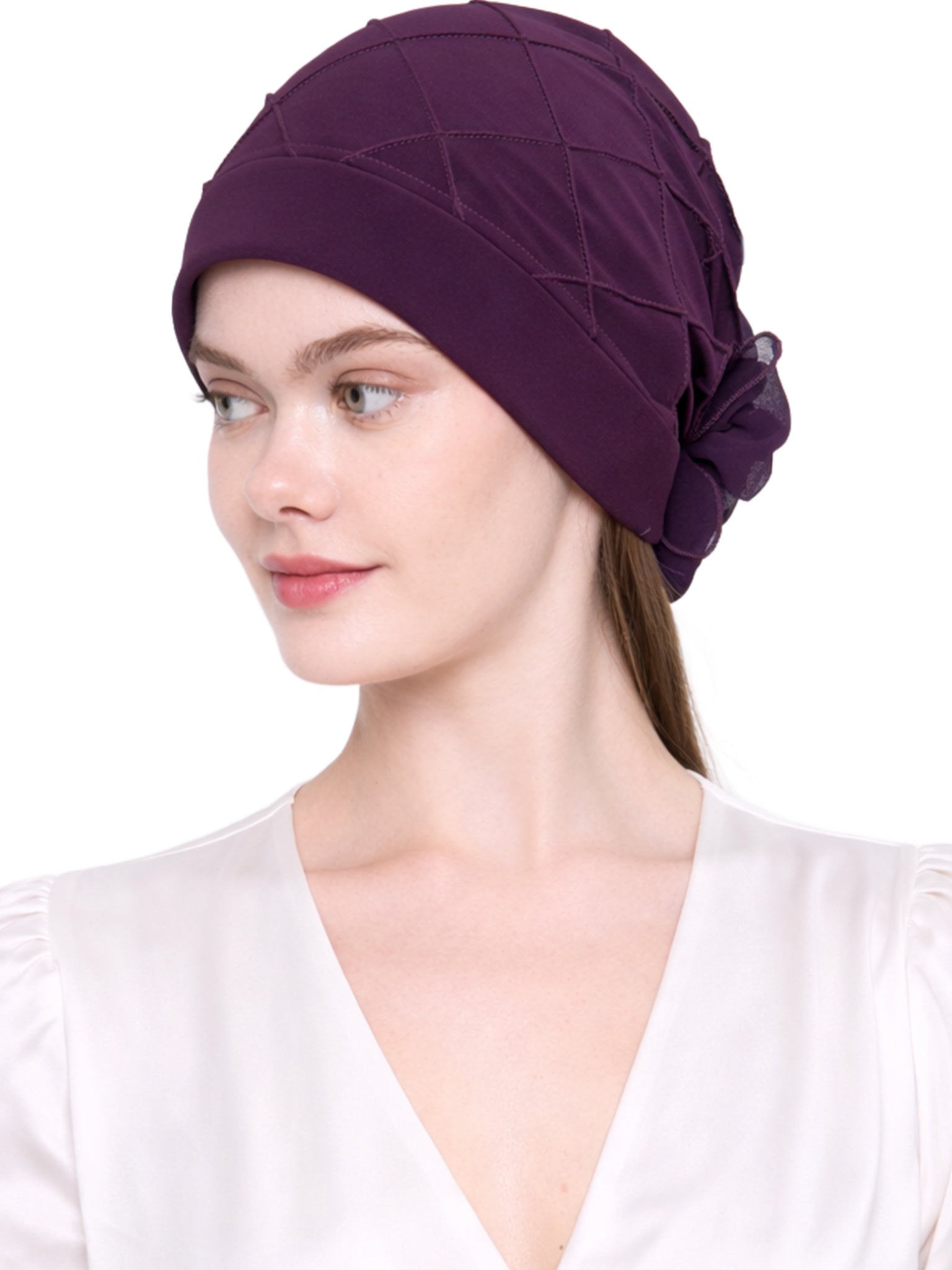 Chemo Hat with Chiffon Flower - Check Pattern Headwear for Hair Loss