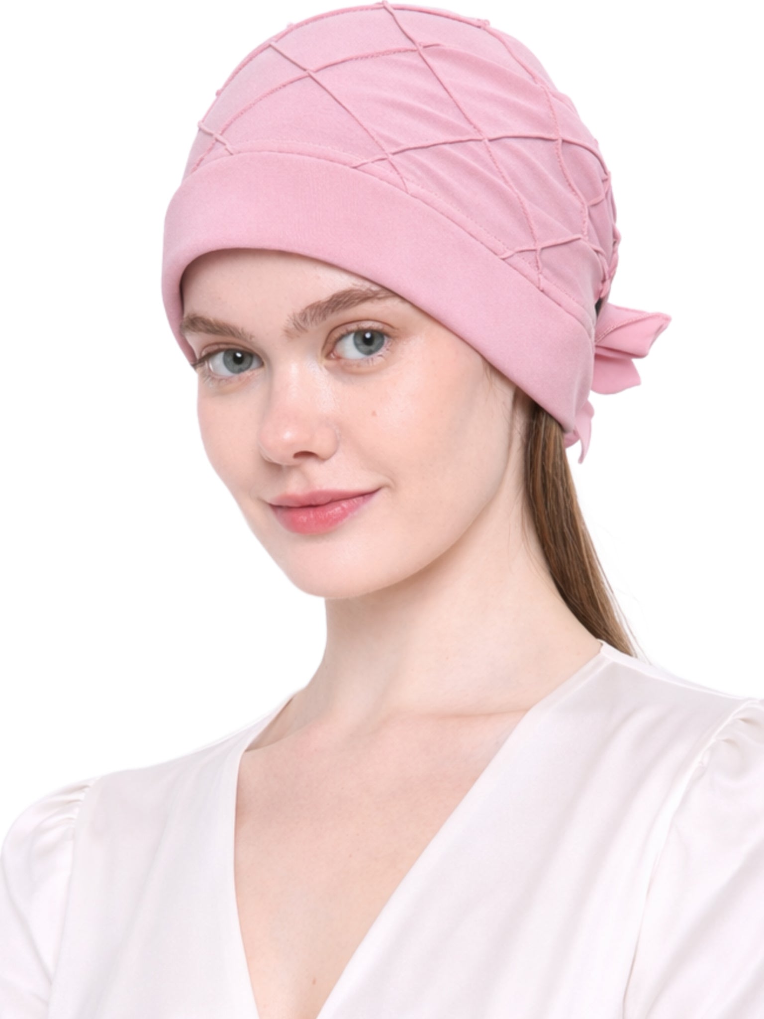 Chemo Hat with Chiffon Flower - Check Pattern Headwear for Hair Loss