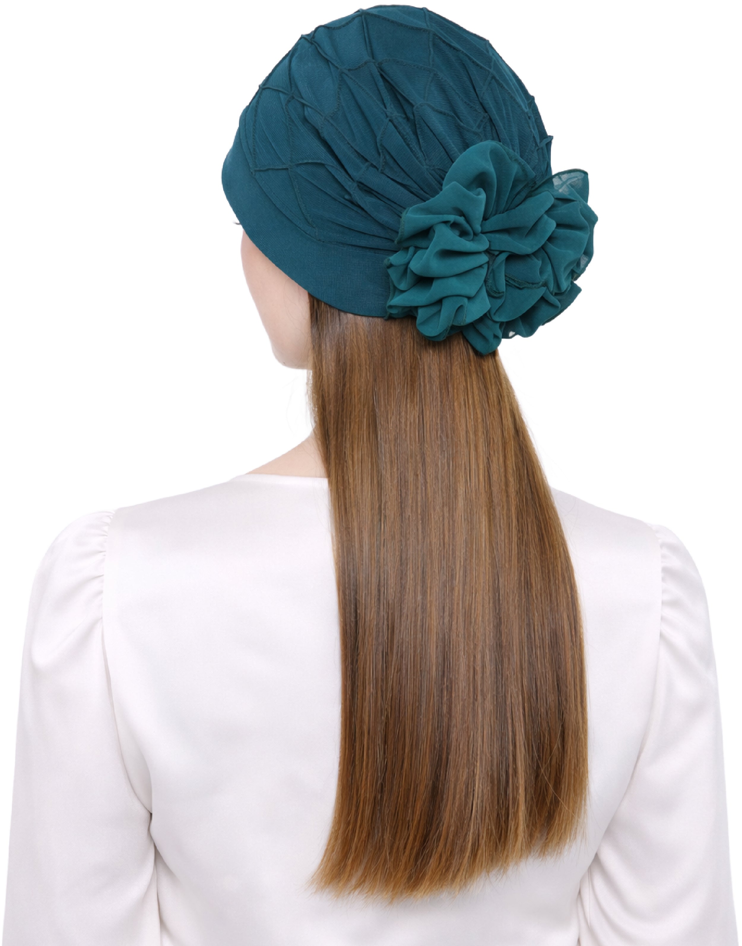 Chemo Hat with Chiffon Flower - Check Pattern Headwear for Hair Loss