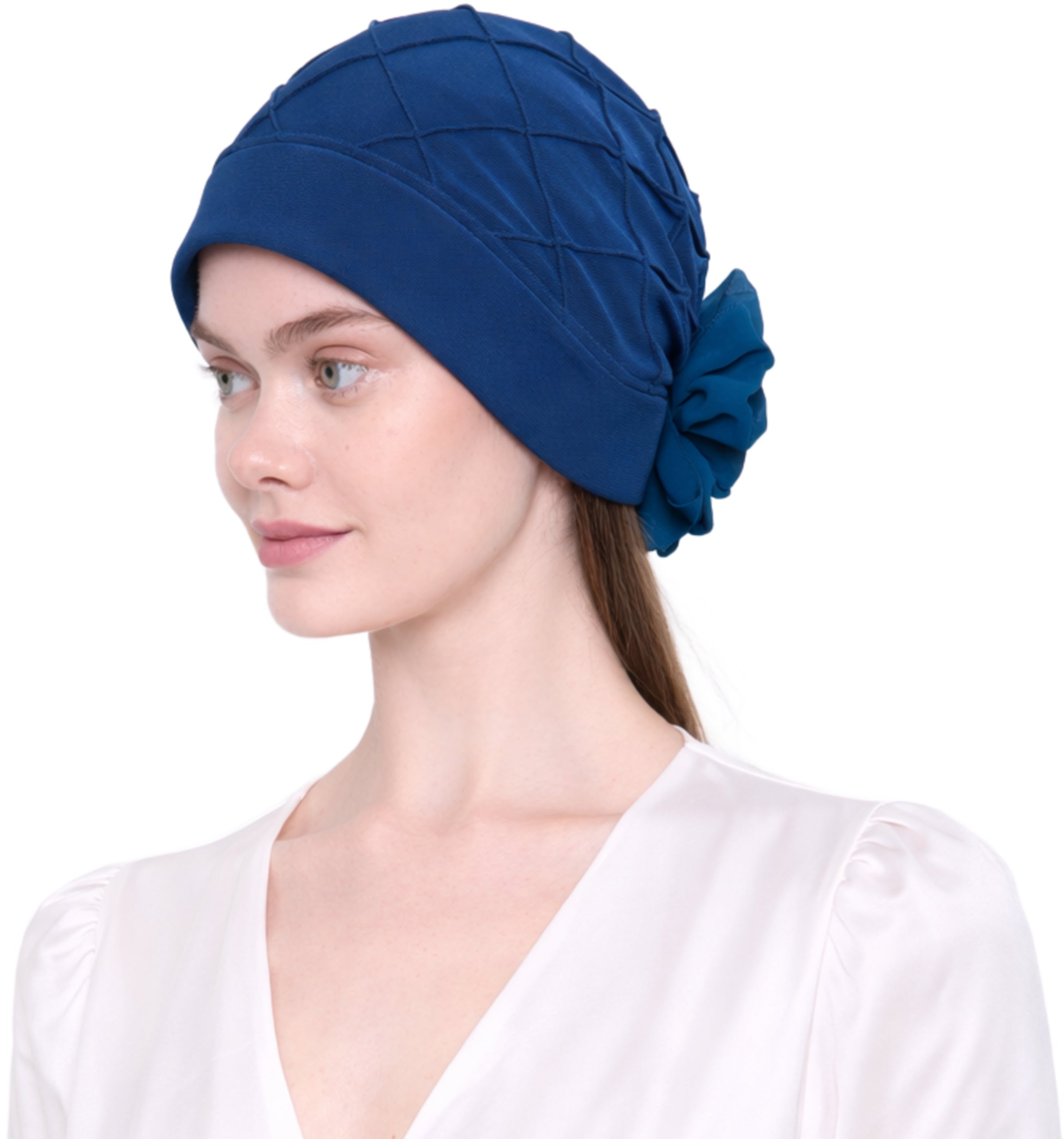 Chemo Hat with Chiffon Flower - Check Pattern Headwear for Hair Loss