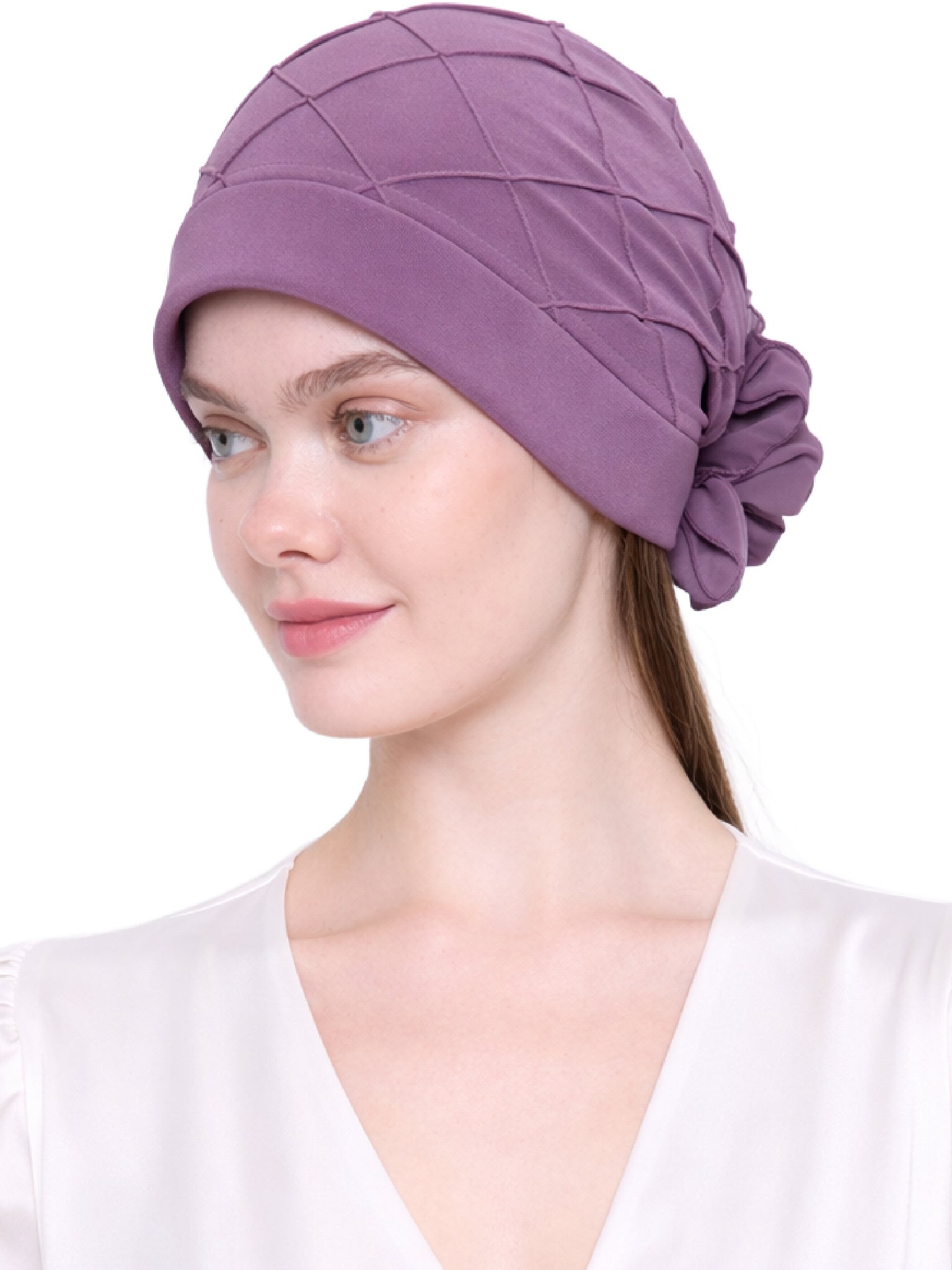 Chemo Hat with Chiffon Flower - Check Pattern Headwear for Hair Loss