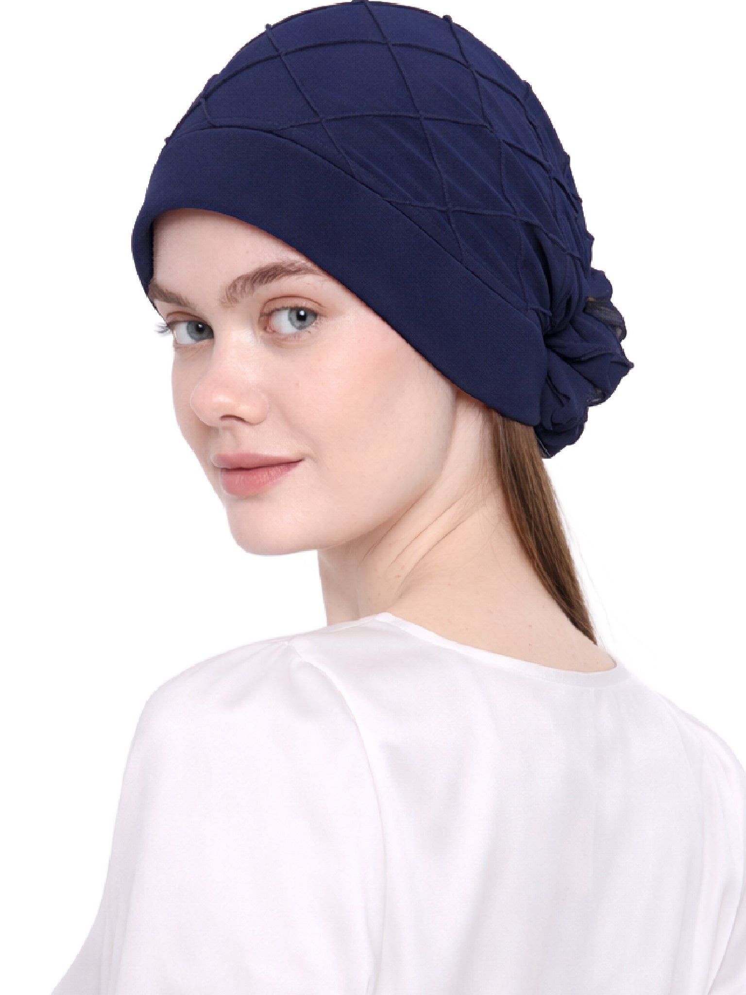 Chemo Hat with Chiffon Flower - Check Pattern Headwear for Hair Loss